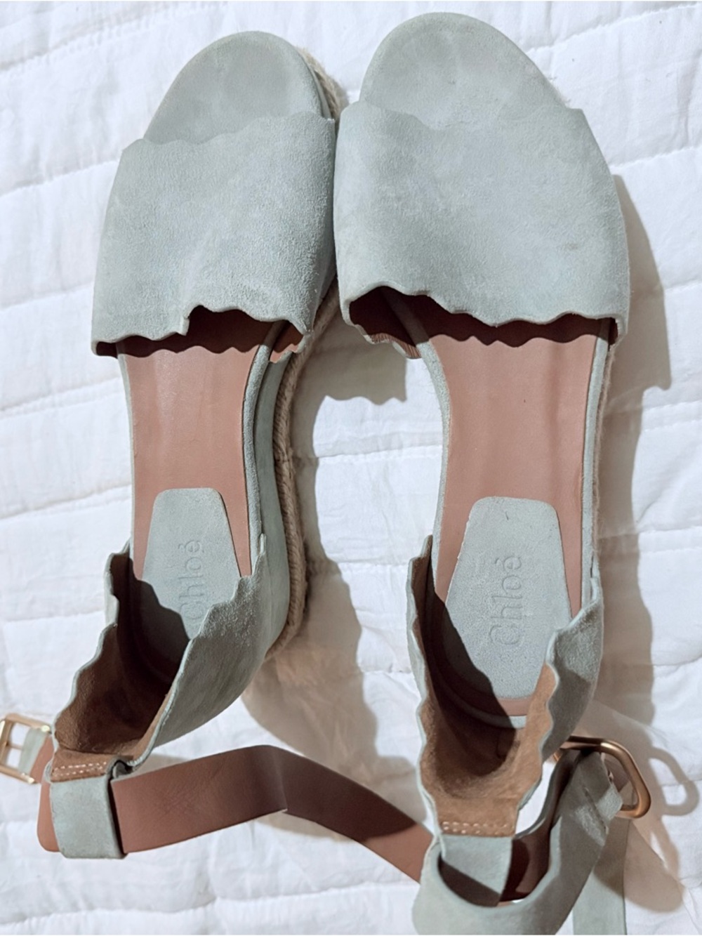 Chloe Light Gray Suede Scalloped Espadrille Sandals